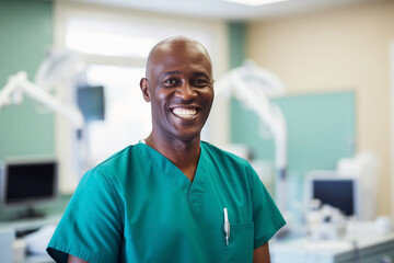 dentist man doctor happy in green medical clothing standing in dental room, blurred background