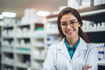 pharmacist girl, smiling, against blurred background of shelves with medicines