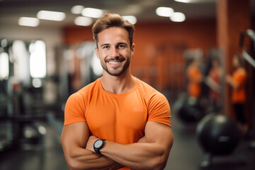 coach young man smiling in gym, in orange t-shirt, blurred background