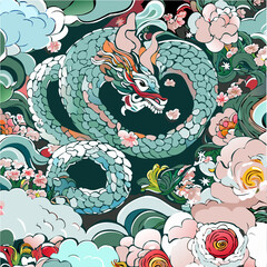 Chinese green dragon floating in the sky, cherry blossoms
