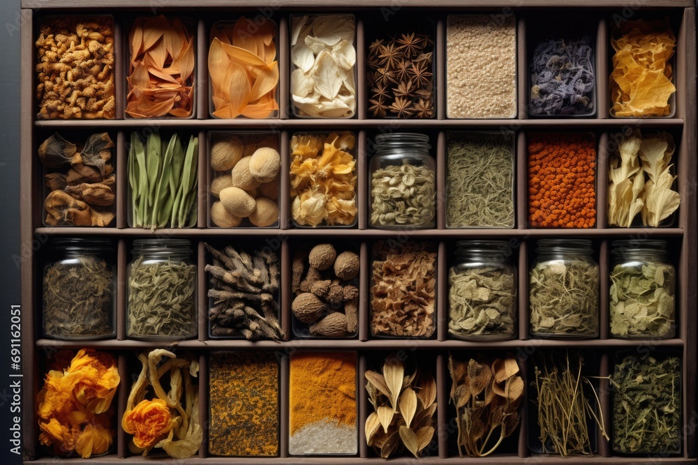 Poster a display case filled with a variety of spices. perfect for culinary enthusiasts and food-related pr