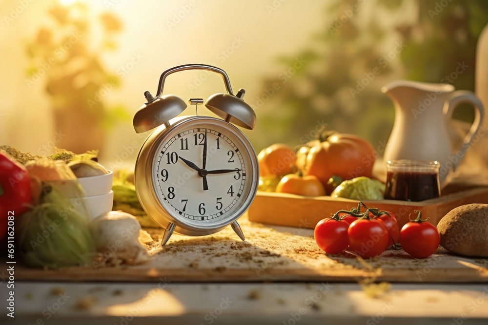 Aufkleber An alarm clock sitting on top of a table. This versatile image can be used to represent time management, waking up early, punctuality, and daily routines