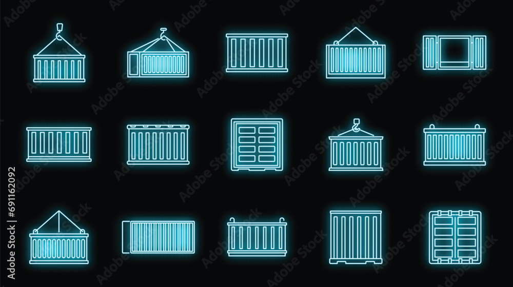 Poster cargo container storage icons set. outline set of cargo container storage vector icons neon color on