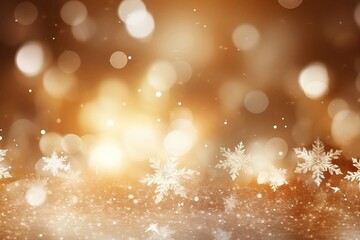 Abstract Gold Christmas Background with Bokeh Lights and Snowflakes 