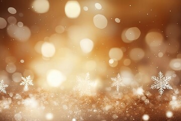 Abstract Gold Christmas Background with Bokeh Lights and Snowflakes