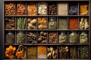 A display case filled with a variety of spices. Perfect for culinary enthusiasts and food-related projects - obrazy, fototapety, plakaty