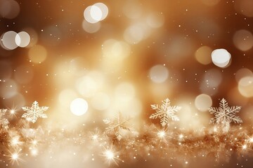 Fototapeta na wymiar Abstract Gold Christmas Background with Bokeh Lights and Snowflakes