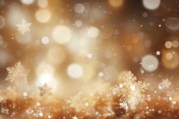Abstract Gold Christmas Background with Bokeh Lights and Snowflakes
