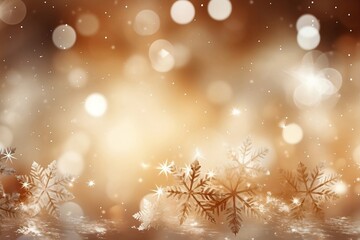 Abstract Gold Christmas Background with Bokeh Lights and Snowflakes