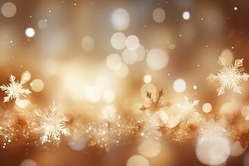 Fototapeta na wymiar Abstract Gold Christmas Background with Bokeh Lights and Gold Snowflakes