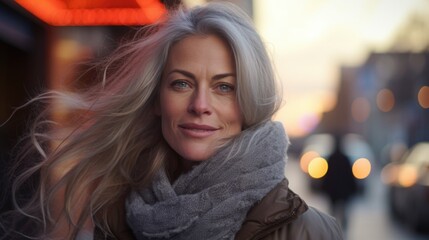 A woman wearing a scarf around her neck. Perfect for fashion blogs and winter-themed articles
