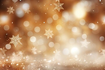 Abstract Gold Christmas Background with Bokeh Lights and Snowflakes