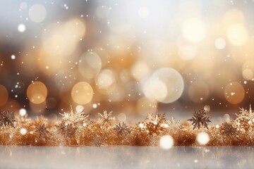 Fototapeta na wymiar Abstract Gold Christmas Background with Bokeh Lights and Snowflakes