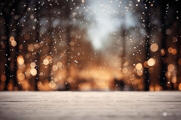 Outdoor Snowy Background with Bokeh Lights and Snowflakes 