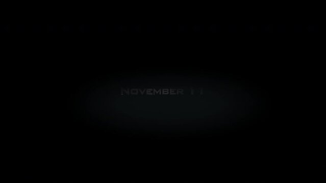 November 11 3D title metal text on black alpha channel background