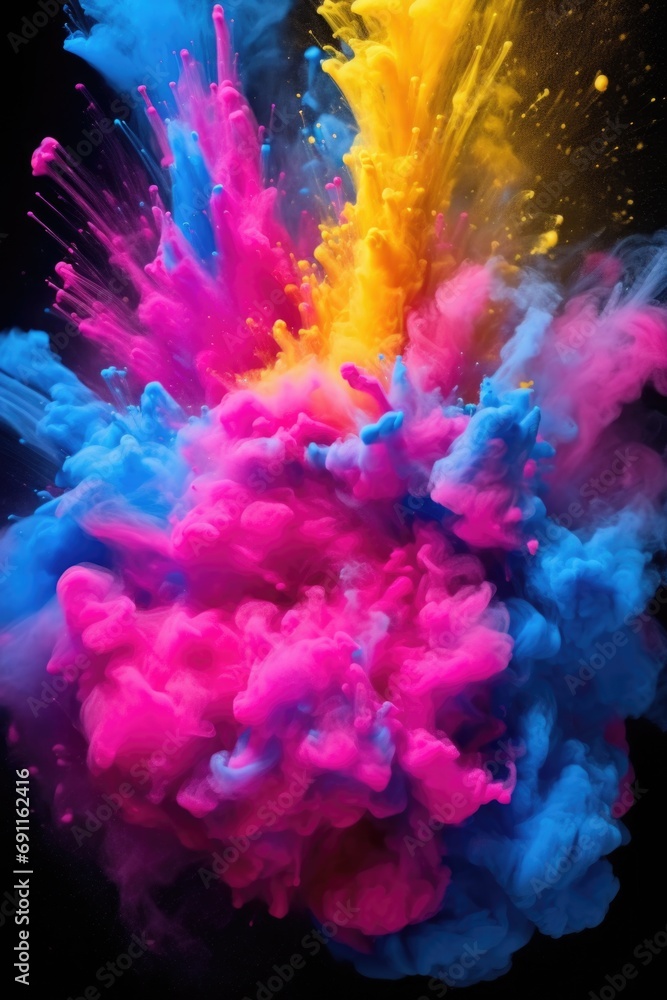 Poster colorful smoke cloud captured against a black background. versatile image suitable for various creat