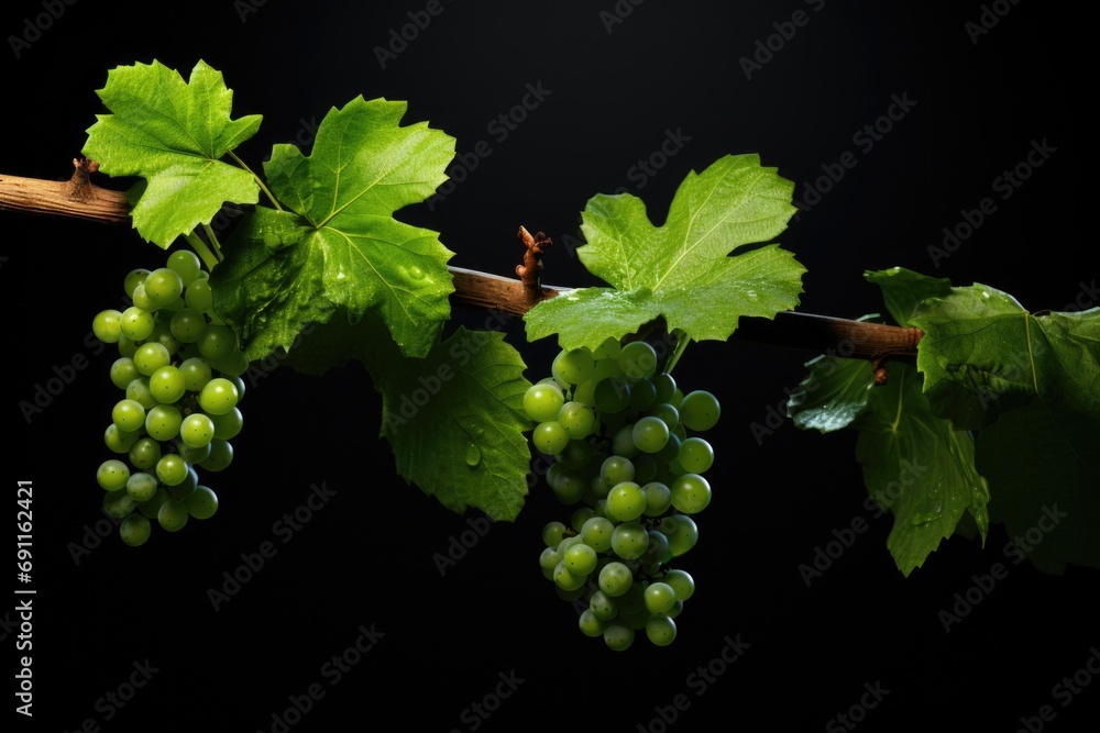Poster a cluster of ripe green grapes hanging from a vine. perfect for use in food and beverage industry pr