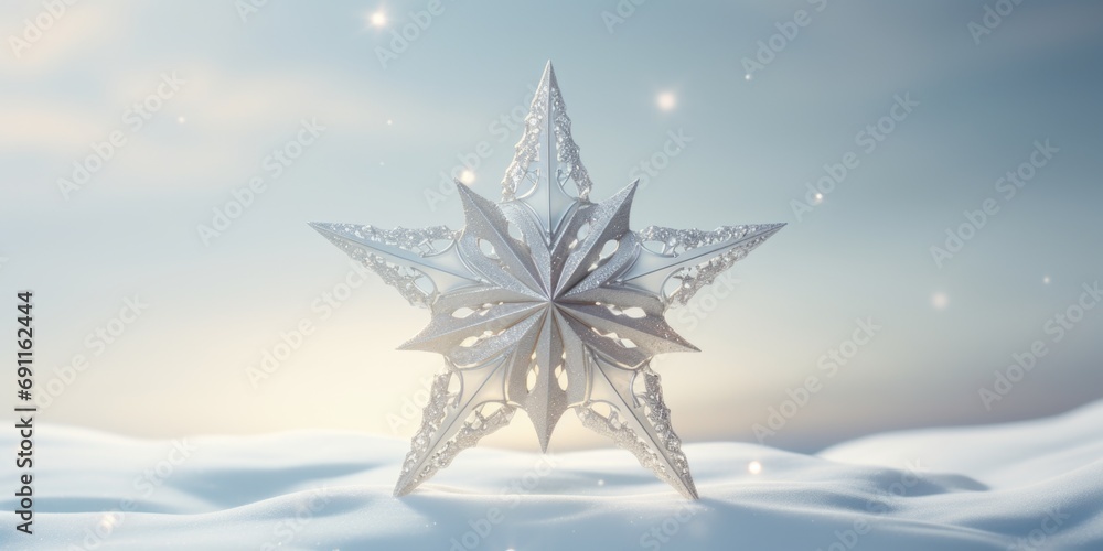 Poster A paper snowflake delicately placed in the middle of a pristine snowy field. Perfect for winter-themed designs and holiday projects
