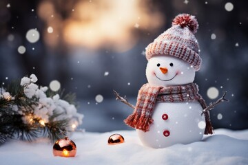 Fototapeta premium Cute snowman with matching cap and scarf