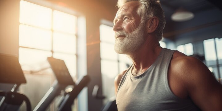 A man with a white beard is seen exercising on a treadmill. This image can be used to depict healthy lifestyle, fitness, and exercise.