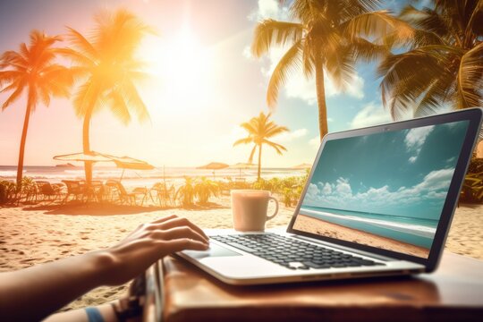 Man working on his laptop with a cup of coffee on a paradise beach at sunset