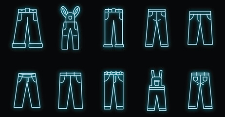 Jeans icons set. Outline set of jeans vector icons neon color on black