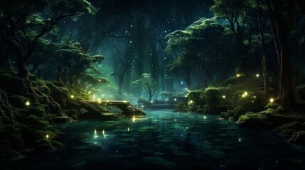 Surreal 3D rendering showcasing a forest aglow with radiant bioluminescence, creating an ethereal and captivating nighttime ambiance