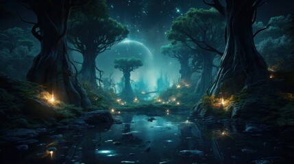 Fototapeta na wymiar Surreal 3D rendering showcasing a forest aglow with radiant bioluminescence, creating an ethereal and captivating nighttime ambiance
