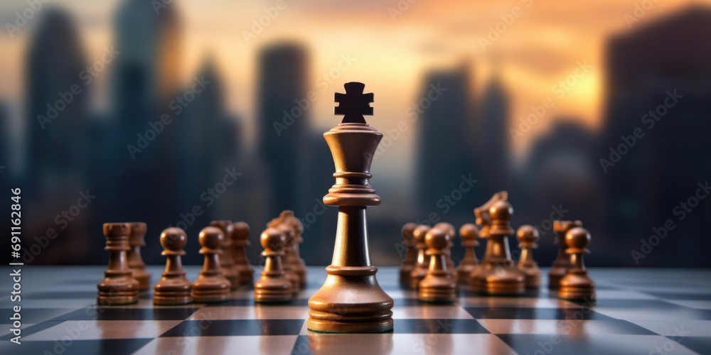 Poster A chess board with chess pieces set up on it. Ideal for illustrating strategic thinking and decision-making concepts