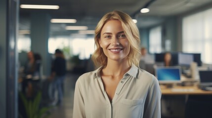 A woman standing in an office, smiling. Suitable for business and professional themes