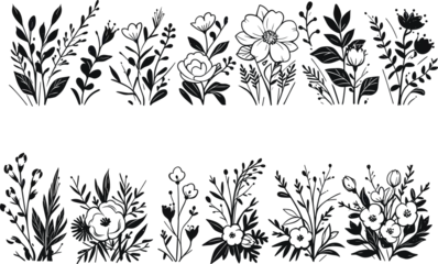 Fotobehang leaf  flower  illustration  plant  art  nature  vector  design  floral  line  botanical  bouquet  black  drawing  blossom white outline vintage spring summer  background isolated decoration set © Redesigner