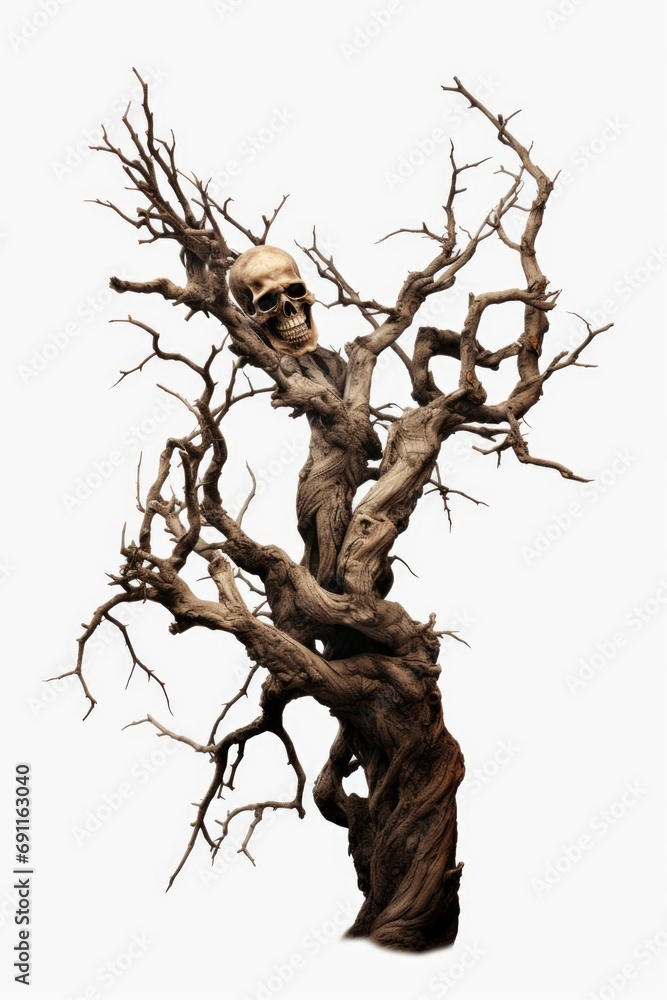 Poster a haunting image of a dead tree with a skull resting on one of its branches. perfect for creating a 