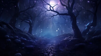 Enchanting nocturnal scene of an otherworldly forest, adorned with shimmering lights, mist, and swirling particles, evoking a mystical atmosphere.
