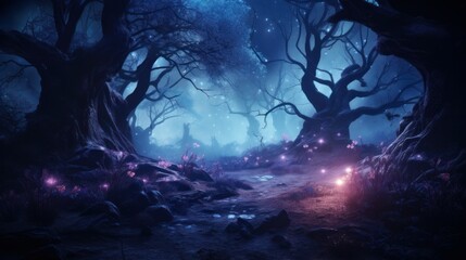 Enchanting nocturnal scene of an otherworldly forest, adorned with shimmering lights, mist, and swirling particles, evoking a mystical atmosphere.