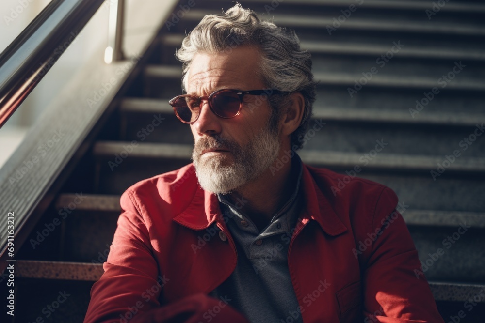Poster a man wearing glasses and a red jacket sitting on a set of stairs. suitable for various concepts and