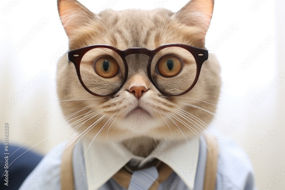 Poster a cat is pictured wearing glasses and a tie. this image can be used for various purposes