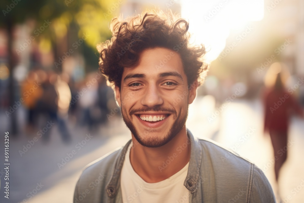 Poster A man with curly hair and a beard smiling directly at the camera. Suitable for various uses