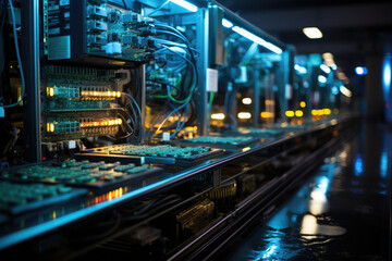 Fototapeta na wymiar Server rack desks stand in a dark room with blue neon light