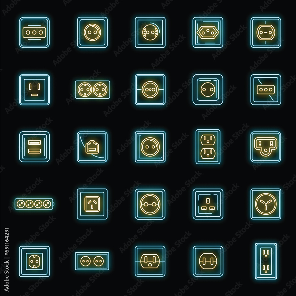 Poster electric power socket icons set. outline set of electric power socket vector icons neon color on bla