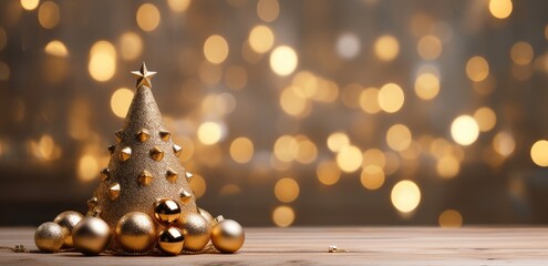 a christmas tree and gold balls on a wooden table