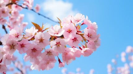 A close-up of a beautiful blossoming cherry tree, with delicate pink petals against a blue sky