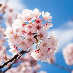 Obraz premium A close-up of a beautiful blossoming cherry tree, with delicate pink petals against a blue sky