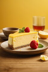 Cheese cake on wooden table in yellow background