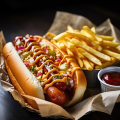 A close-up shot of a delicious hot dog covered in ketchup, mustard, and relish - obrazy, fototapety, plakaty