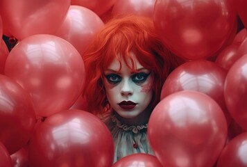 a clown with hair dyed red poses behind balloons