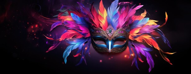 a colorful carnival mask with feathers on a black background