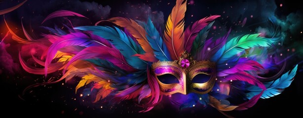 a colorful carnival mask with feathers on a black background - obrazy, fototapety, plakaty