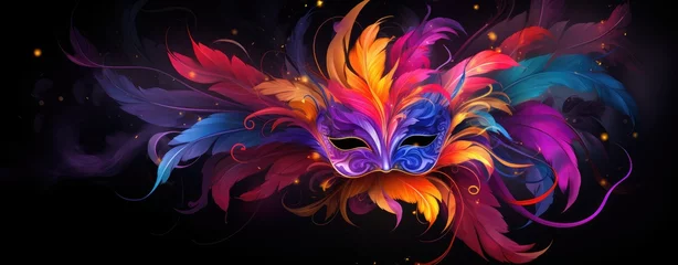 Zelfklevend Fotobehang a colorful carnival mask with feathers on a black background © olegganko
