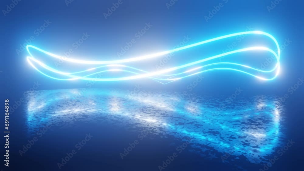 Poster neon curved rings spin. neon design 4k video with various neon elements and a reflecting floor. loop