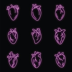 Biology human heart icons set. Outline set of biology human heart vector icons neon color on black - obrazy, fototapety, plakaty